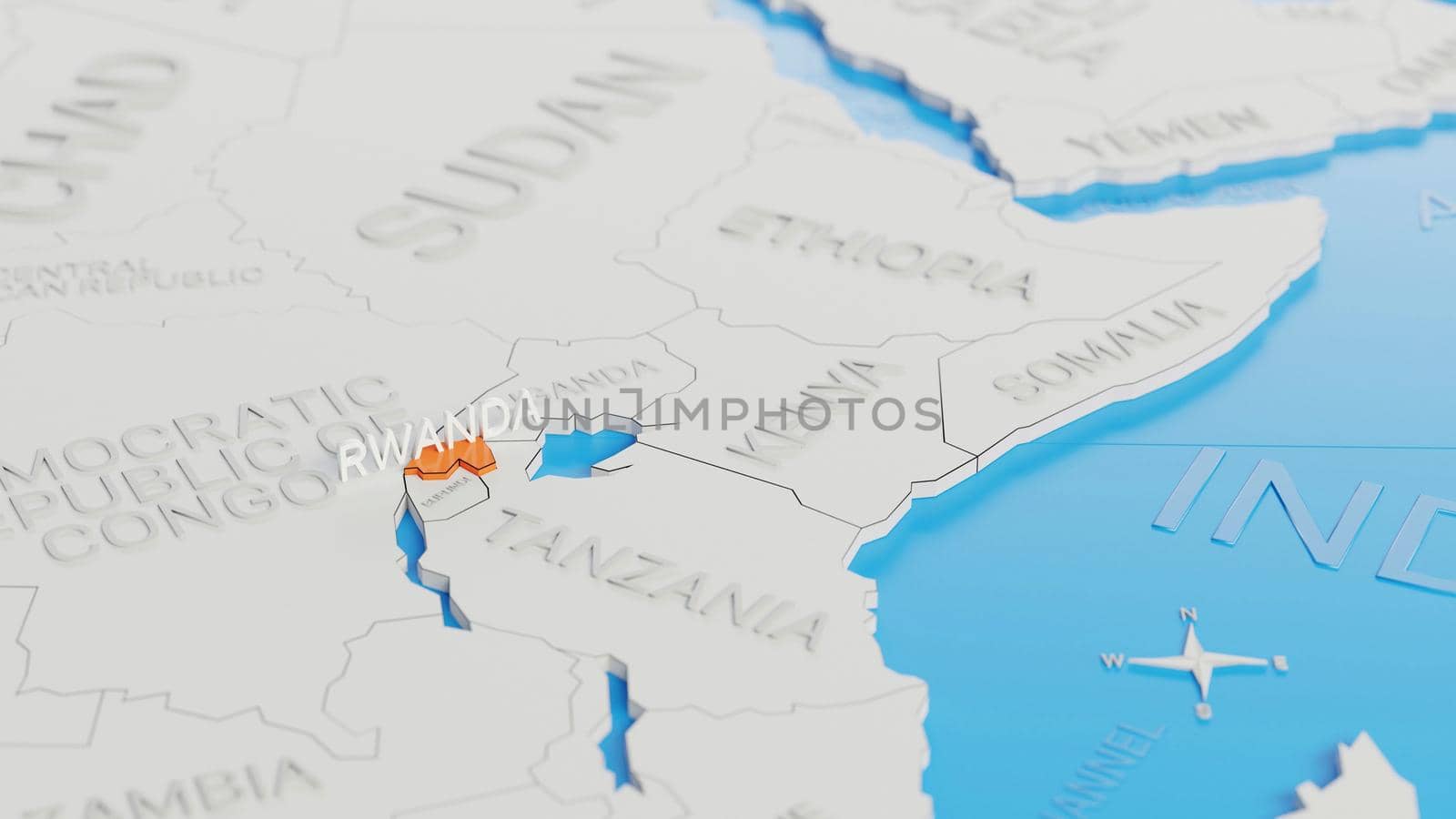 Rwanda highlighted on a white simplified 3D world map. Digital 3D render.