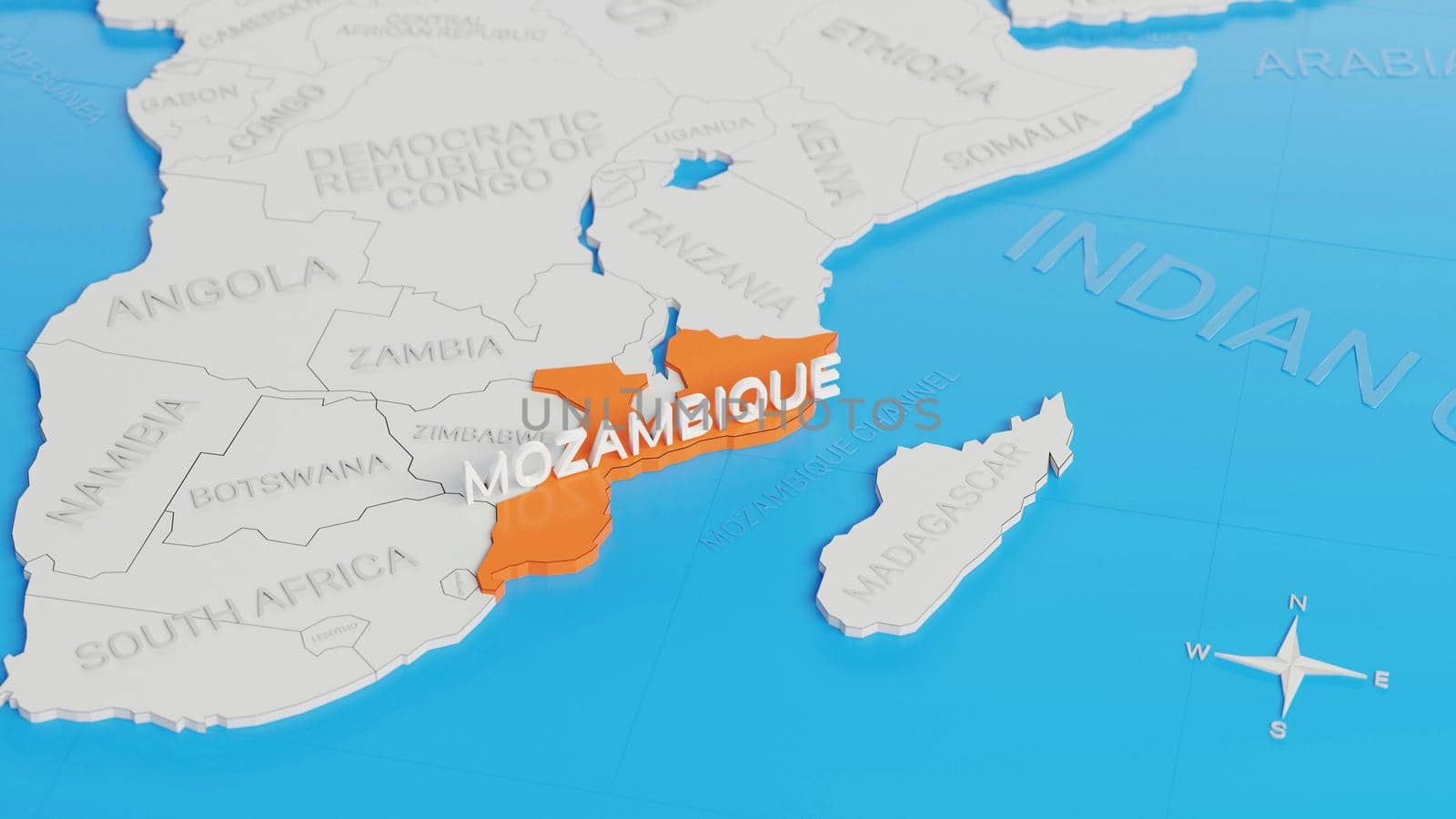 Mozambique highlighted on a white simplified 3D world map. Digital 3D render. by hernan_hyper