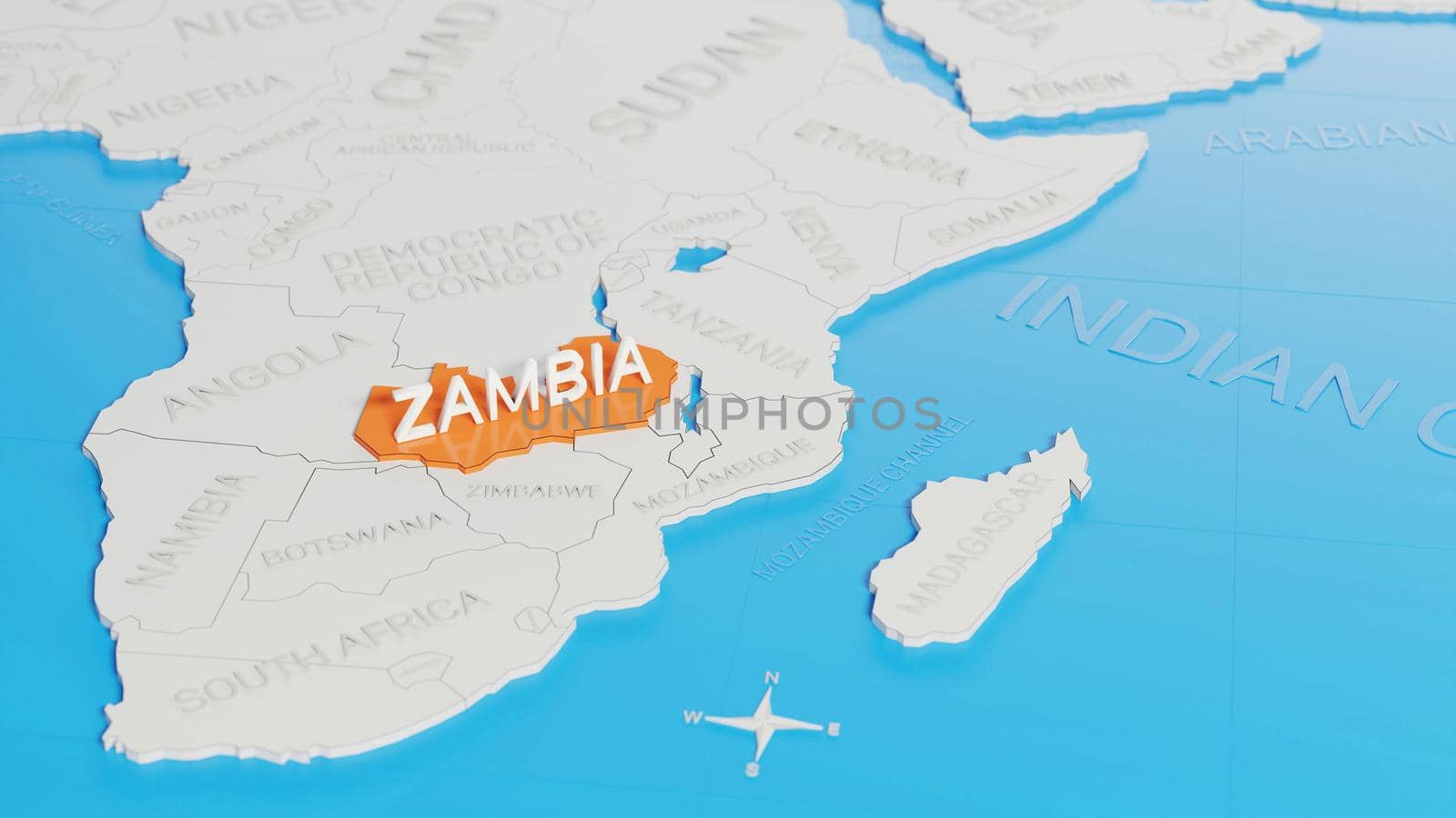Zambia highlighted on a white simplified 3D world map. Digital 3D render.