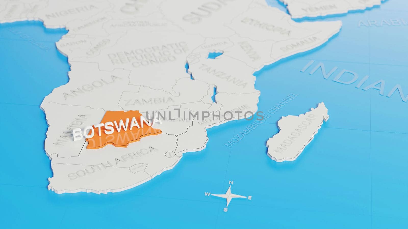 Botswana highlighted on a white simplified 3D world map. Digital 3D render.