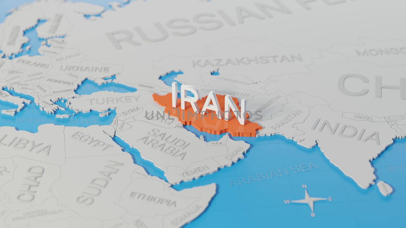 Iran highlighted on a white simplified 3D world map. Digital 3D render.
