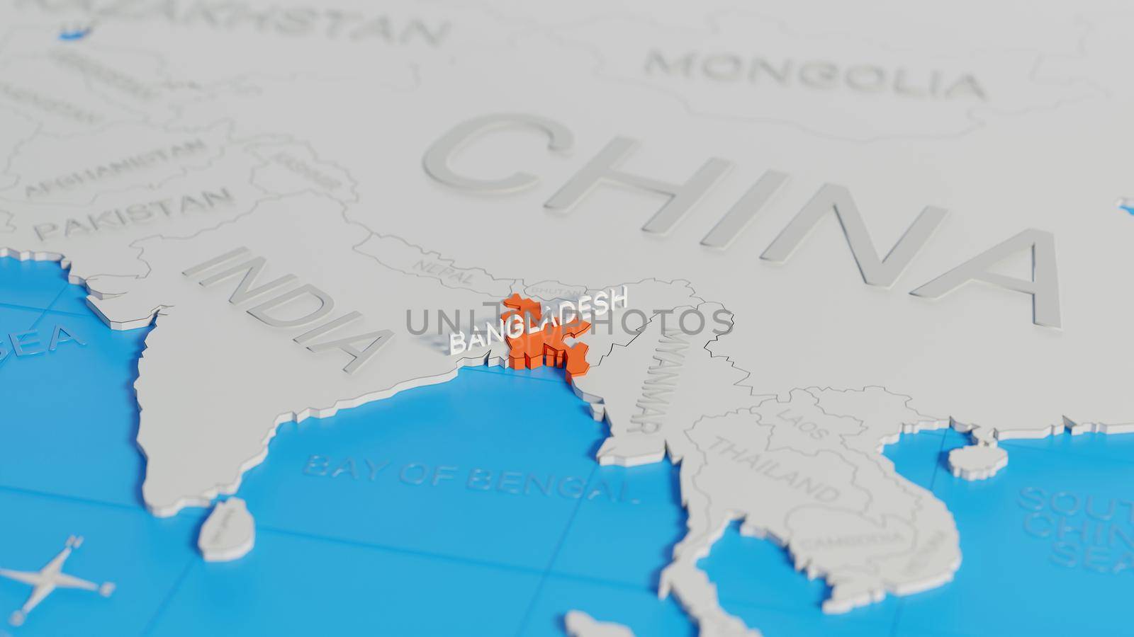 Bangladesh highlighted on a white simplified 3D world map. Digital 3D render.