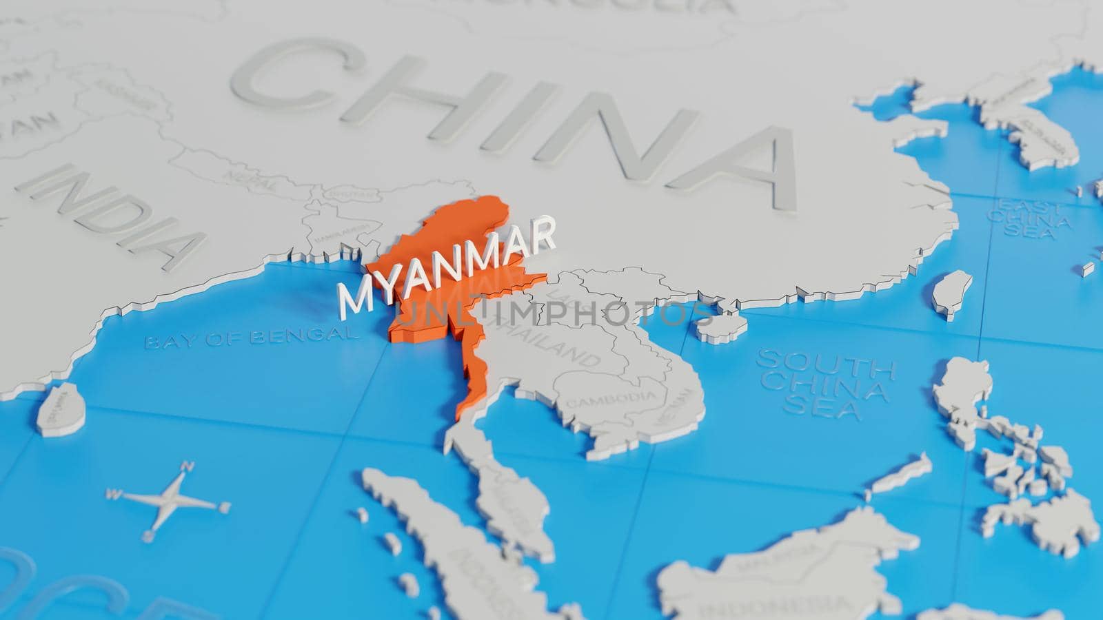 Myanmar highlighted on a white simplified 3D world map. Digital 3D render. by hernan_hyper