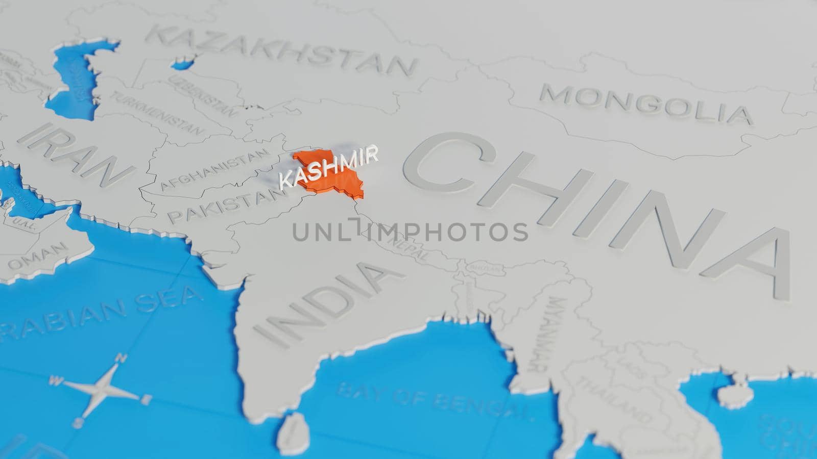 Kashmir highlighted on a white simplified 3D world map. Digital 3D render. by hernan_hyper