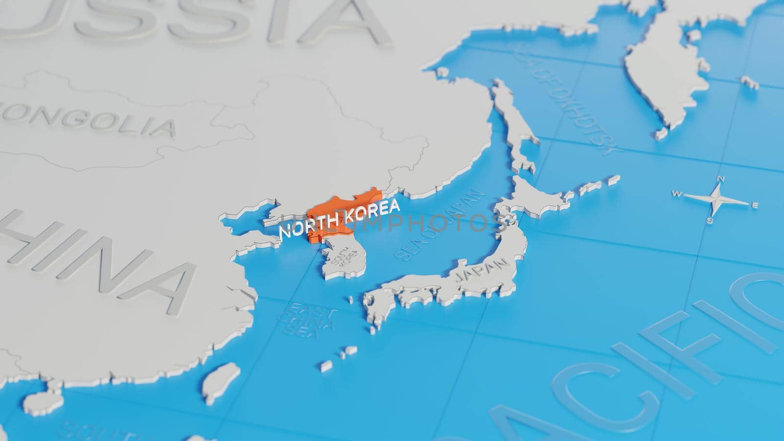 North Korea highlighted on a white simplified 3D world map. Digital 3D render. by hernan_hyper
