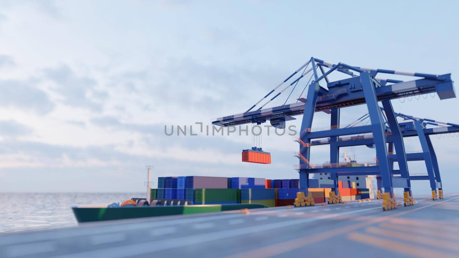 Port cranes loading containers on a cargo ship at the port. Tilt-shift effect. Digital 3D render, low poly.