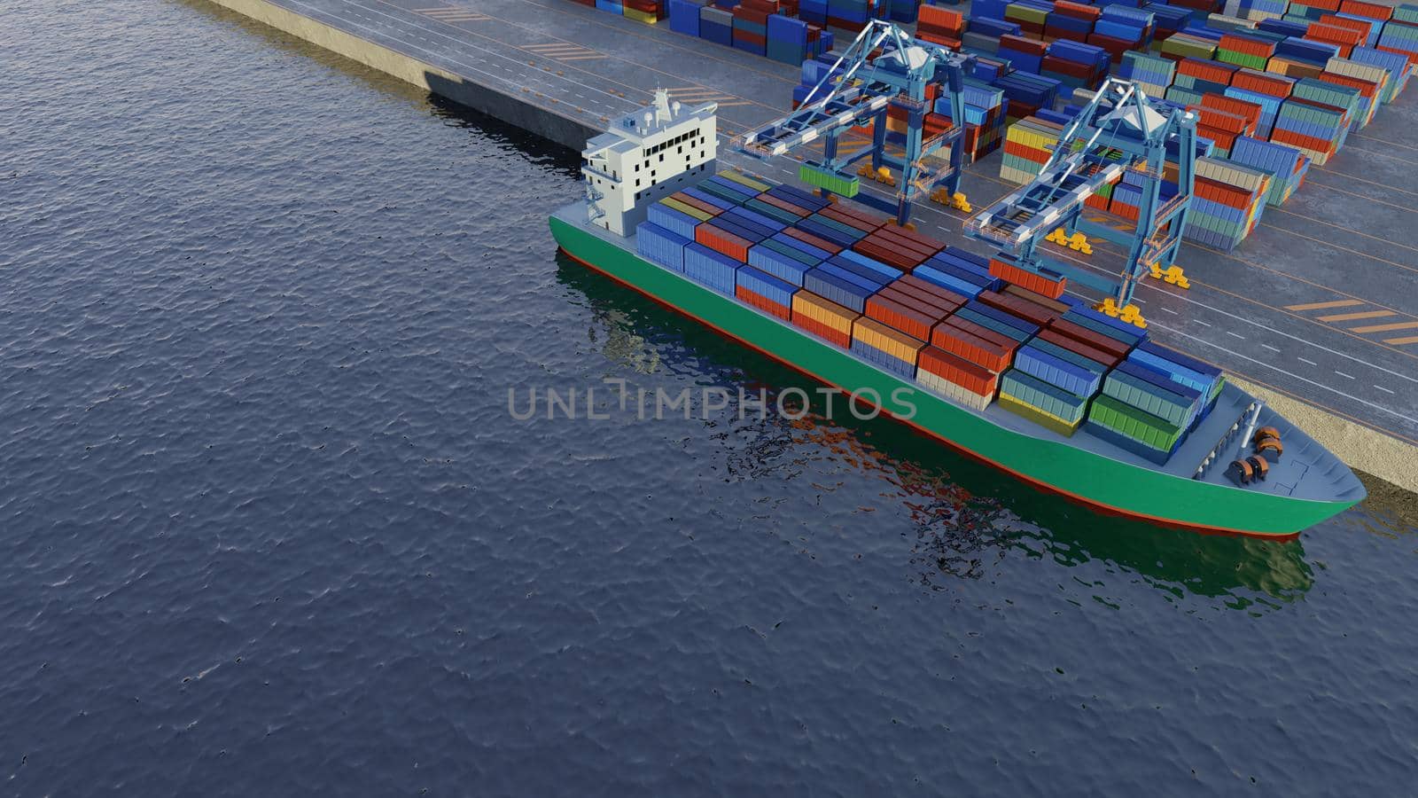 Port cranes loading containers on a cargo ship at the port. Elevated view. Digital 3D render. by hernan_hyper