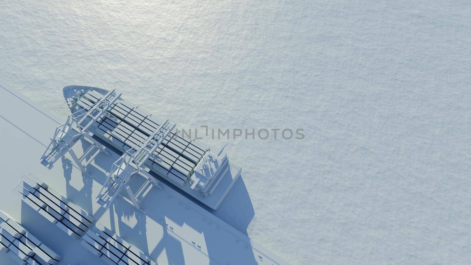 Port cranes loading containers on a cargo ship at the port. Elevated view. Digital 3D render with white material.
