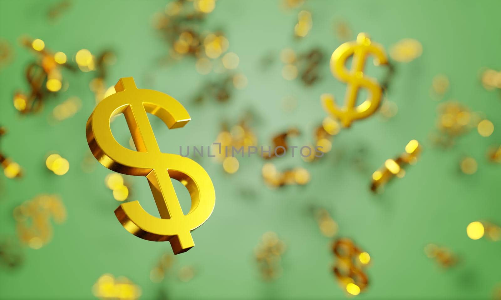 Gambling earnings background. Lucky jackpot winner, golden dollar signs rain. Digital 3D render.