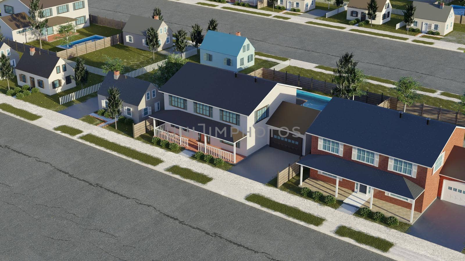 Large fancy houses in a high income neighborhood. Suburban real estate investment. Digital 3D render.