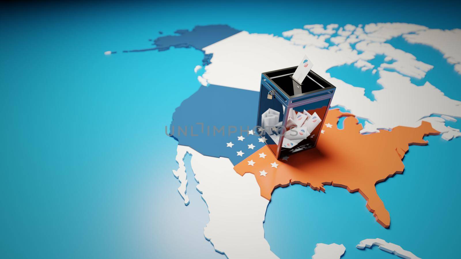 US elections, ballot box with voting envelope over a map of USA. Abstract concept background with negative space. Digital 3D render. by hernan_hyper