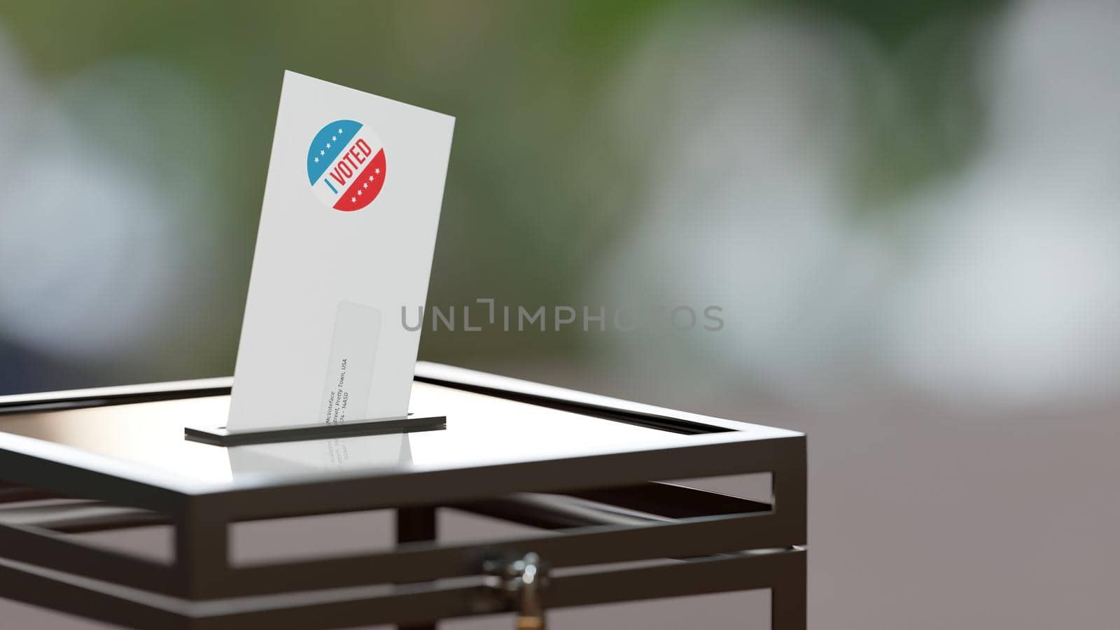 US elections, voting by mail. Envelope with a sticker reading "I voted", in a ballot box with negative space. Digital 3D render. by hernan_hyper