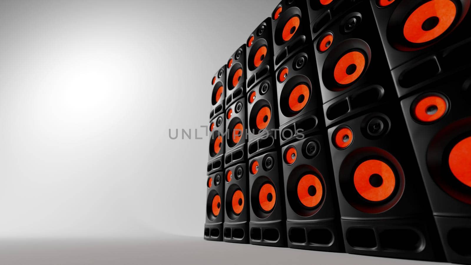 Wall of loudspeakers on white background. Music concert, recording studio concept. Digital 3D render. by hernan_hyper