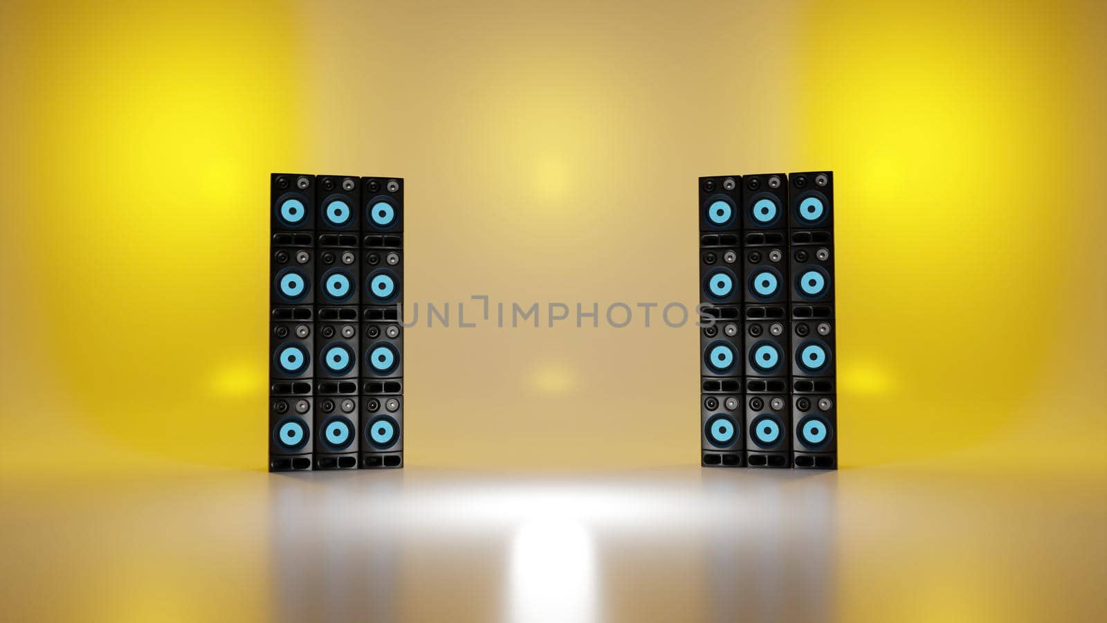 Tower of loudspeakers on stage. Music concert, recording studio concept. Digital 3D render. by hernan_hyper