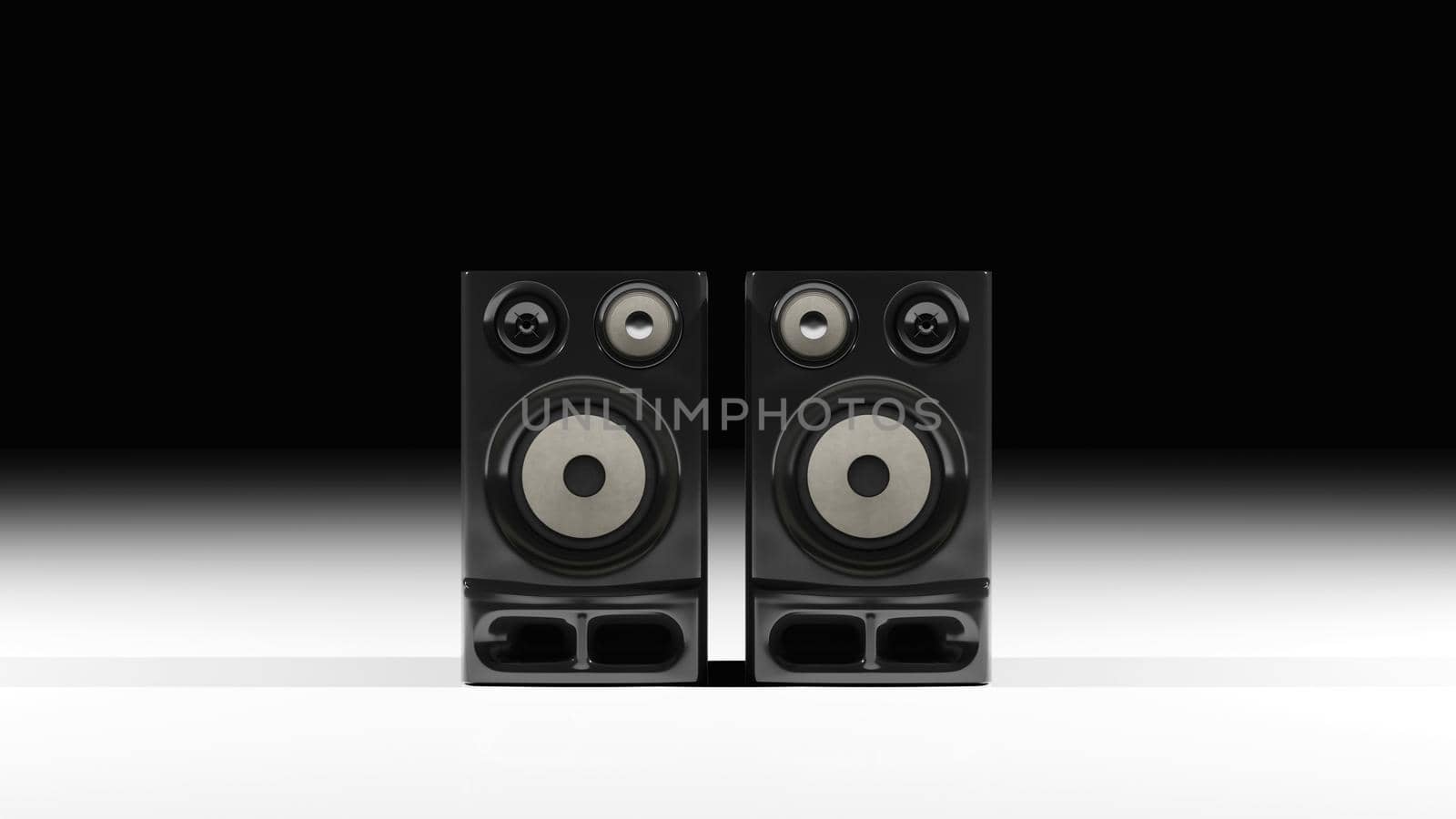 High fidelity stereo loudspeakers on black background. Digital 3D render. by hernan_hyper