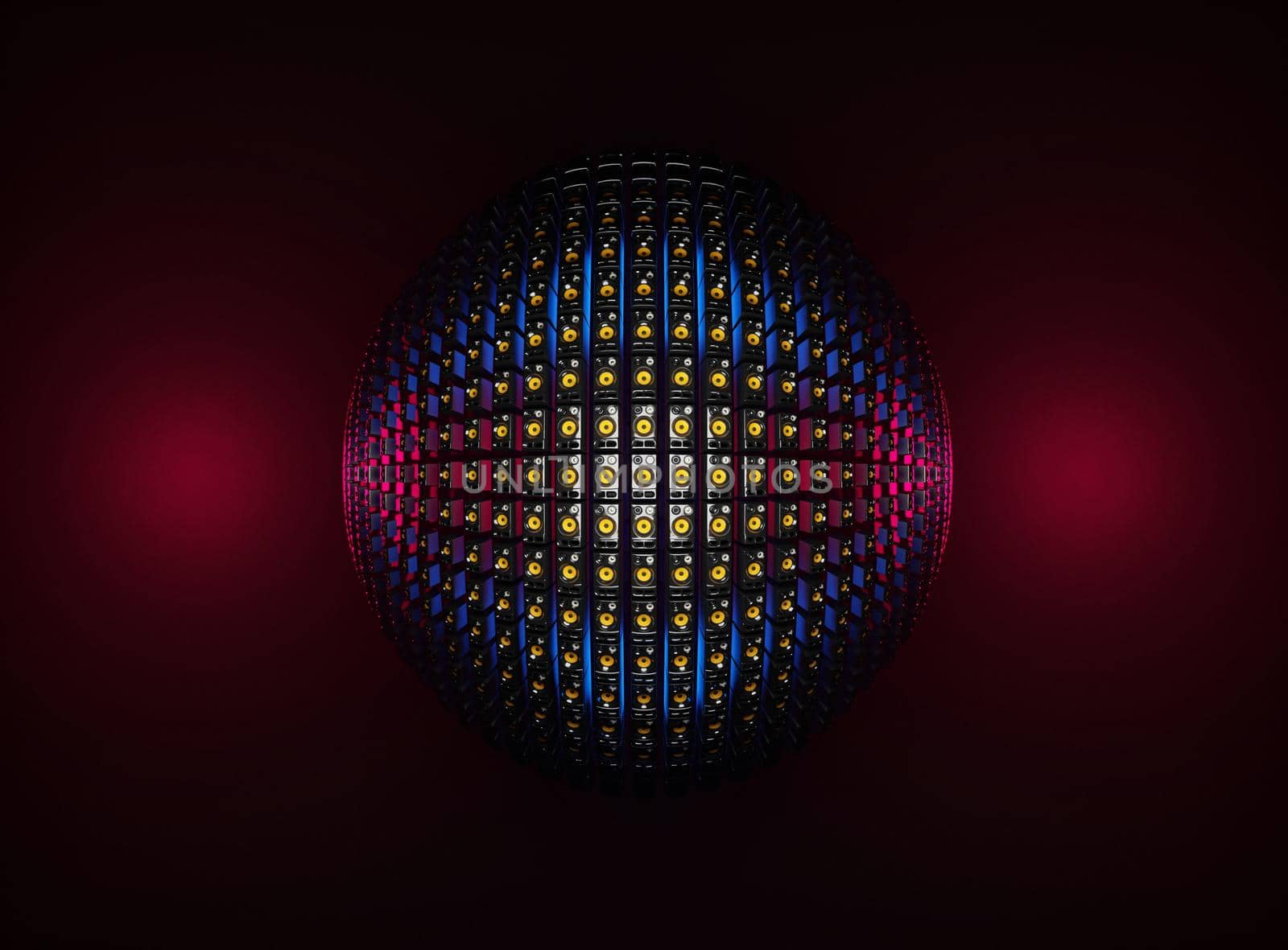 Disco ball made of loudspeakers with colorful lights. Digital 3D render. by hernan_hyper