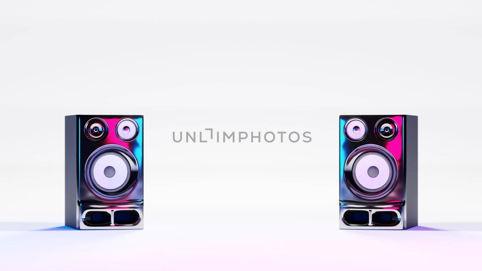High fidelity stereo loudspeakers on white background and neon lights. Digital 3D render.