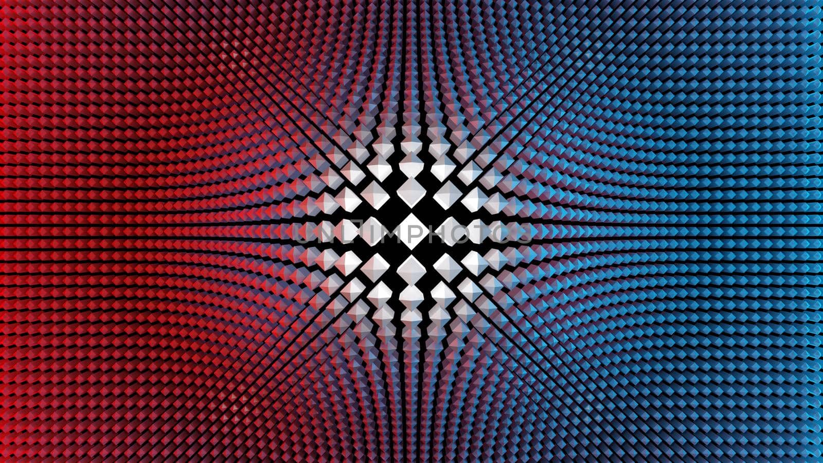 Bright white geometrical shape at the center of a blue and red pattern. Central point, abstract concept. Digital 3D render. by hernan_hyper