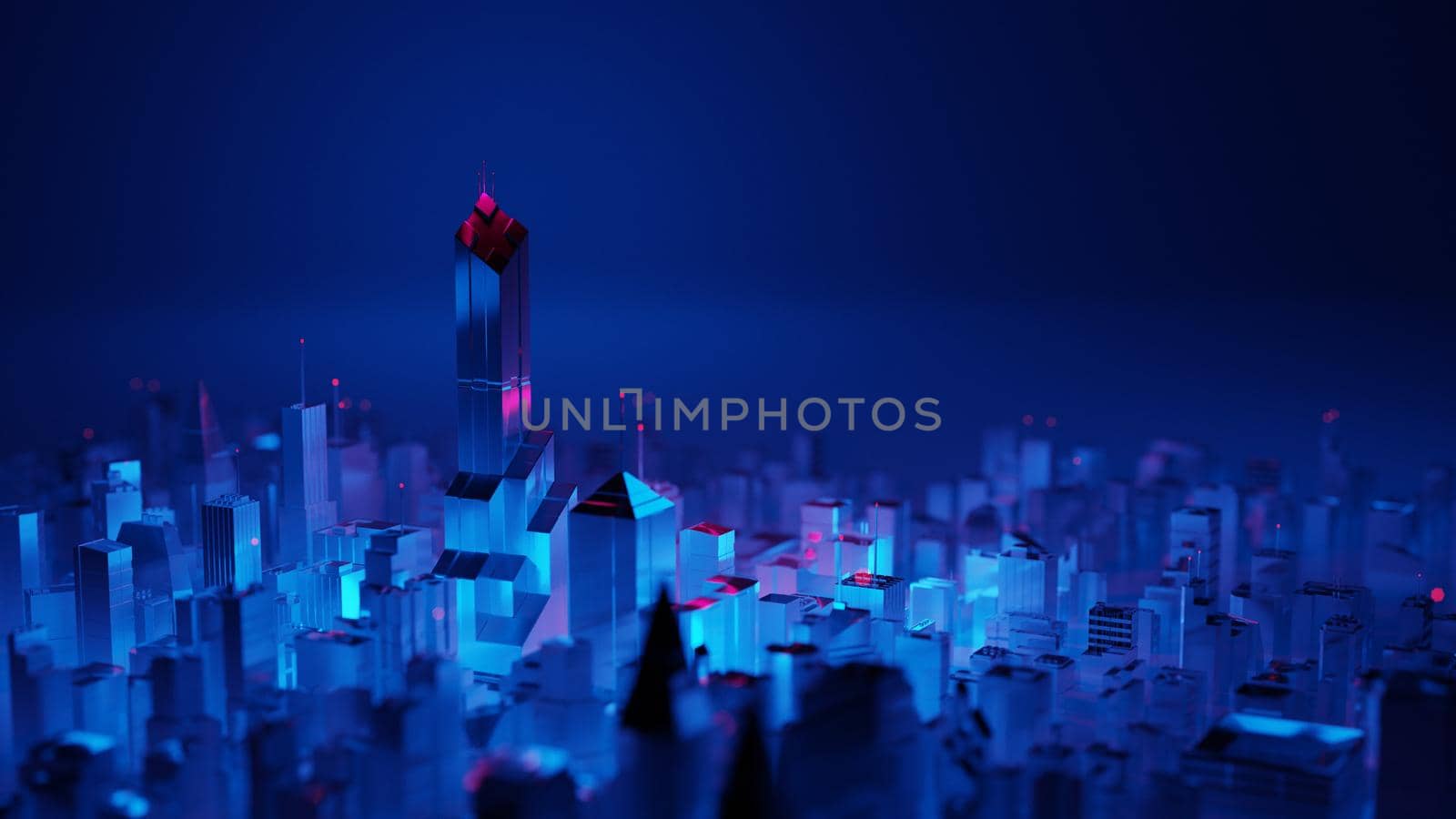 Futuristic city skyline at night with neon cyberpunk aesthetic. Digital 3D render.