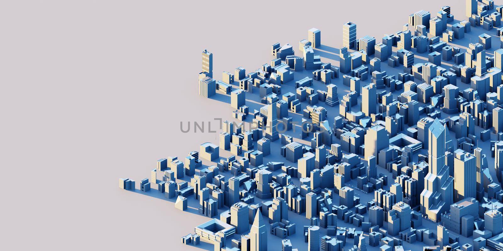 Modern, clean city in isometric perspective with white background. Digital 3D render.