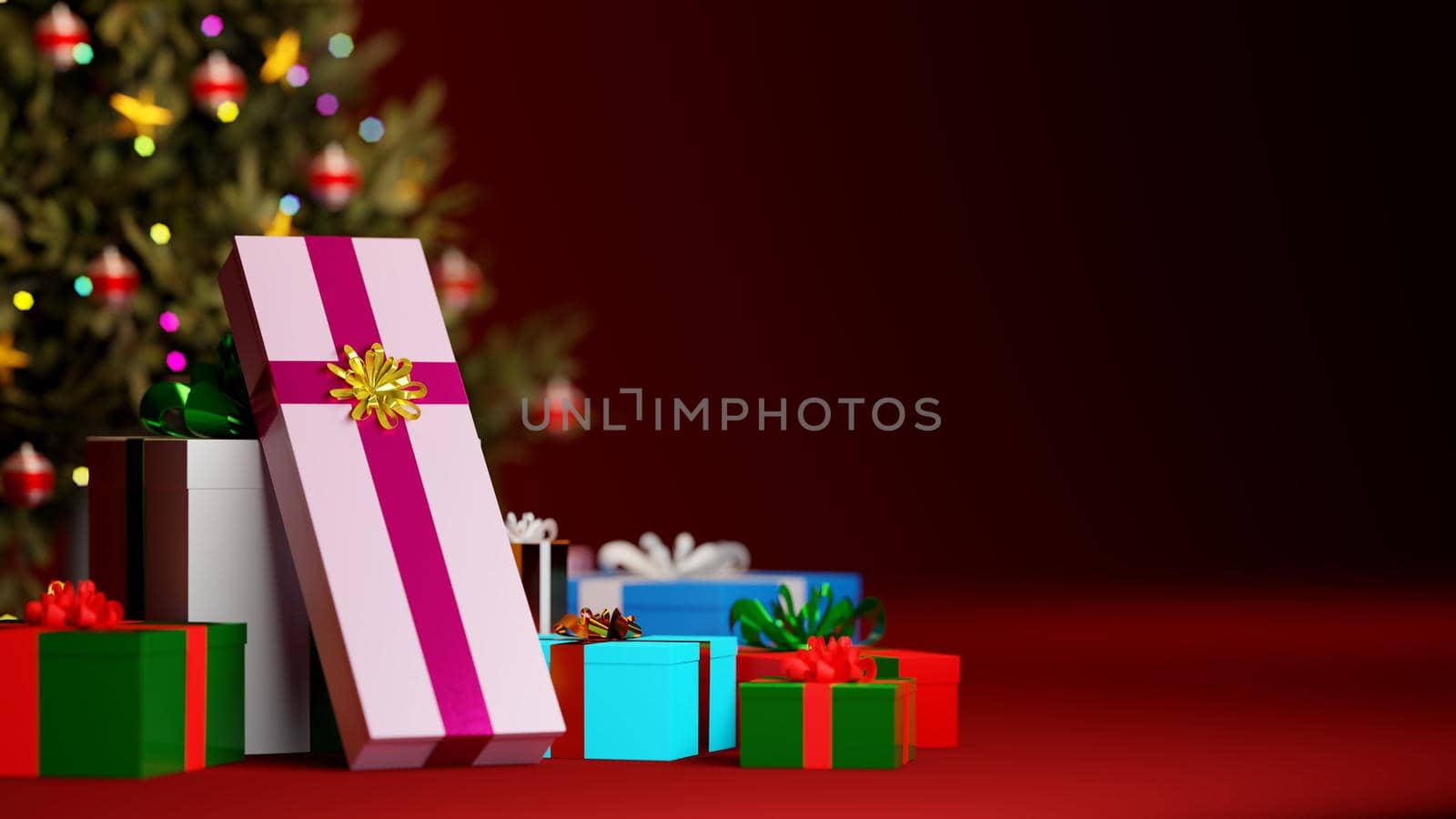 Christmas gifts concept backdrop. Gift boxes in front of a christmas tree on red background. Digital 3D render.