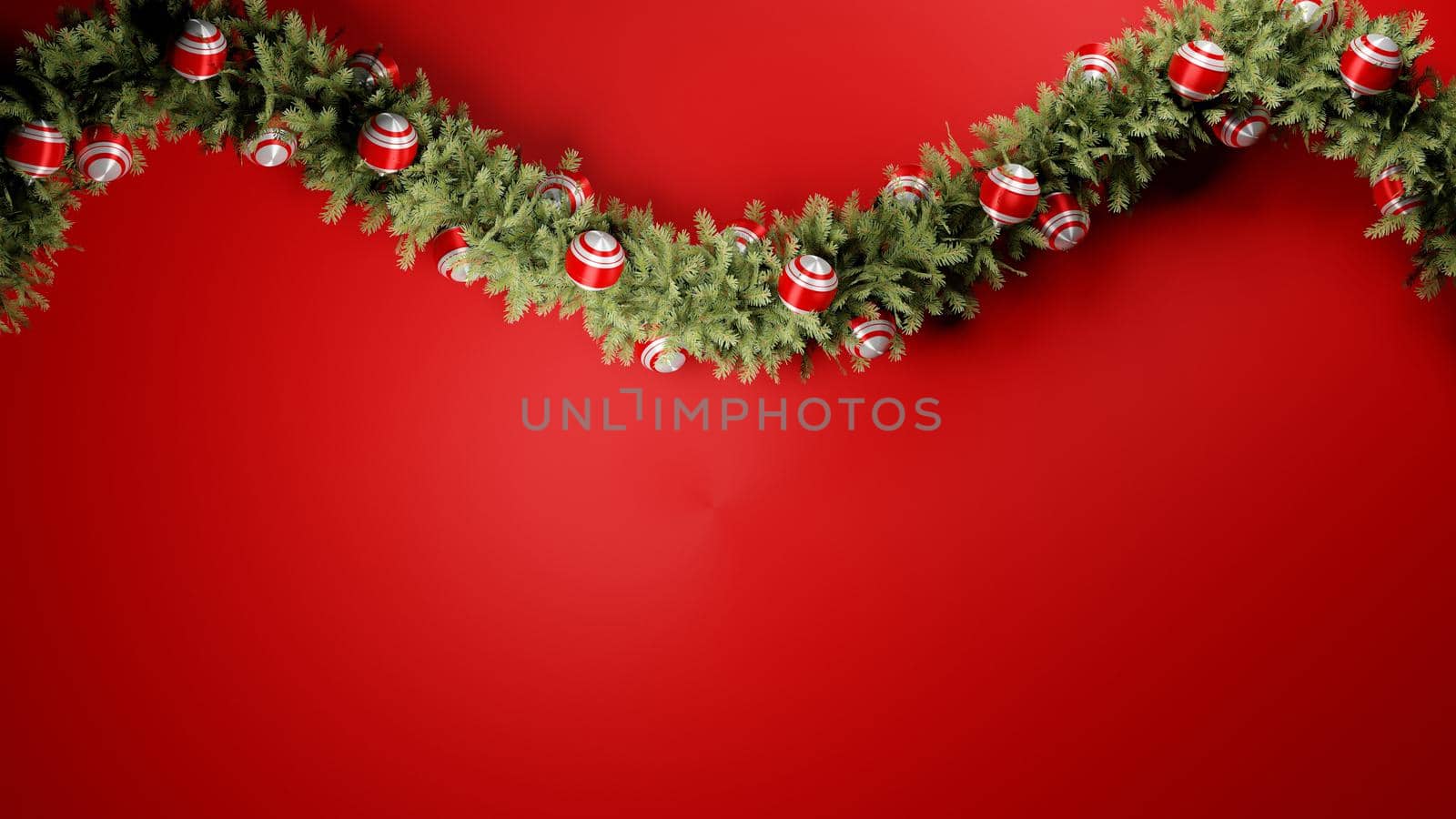 Christmas seasonal backdrop. Christmas garland with baubles on red background. Digital 3D render. by hernan_hyper