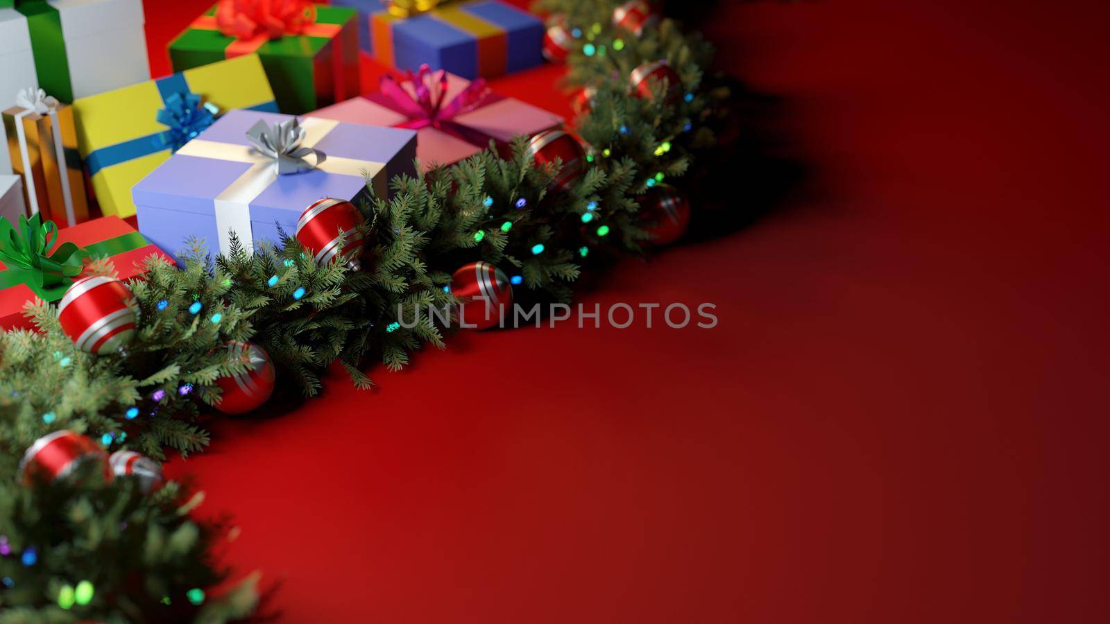 Christmas seasonal backdrop. Gift boxes and christmas garland with baubles on red background. Digital 3D render.
