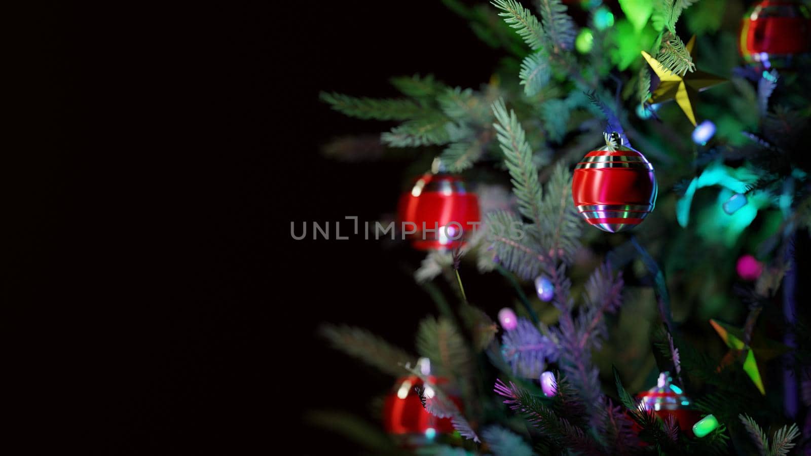 Red baubles on a christmas tree. Digital 3D render. by hernan_hyper