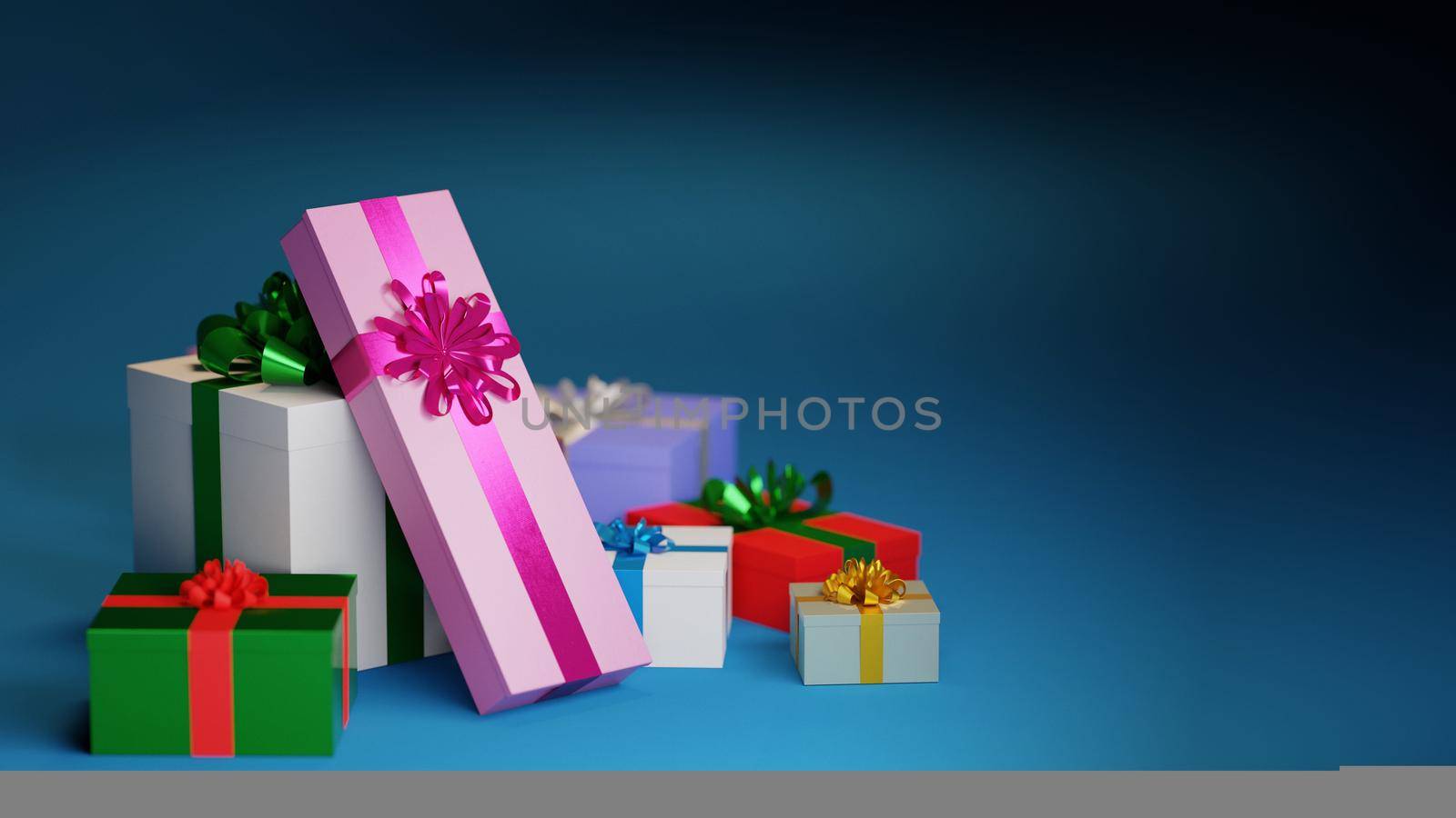 Christmas, birthday gift concept. Several gift boxes on blue background. Digital 3D render.