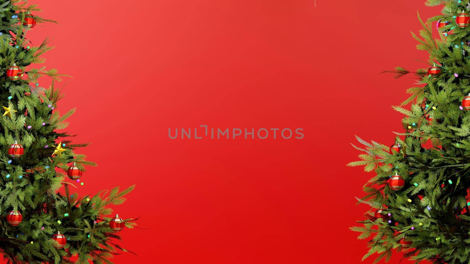Christmas season postcard template with red background and trees on the sides. Digital 3D render. by hernan_hyper