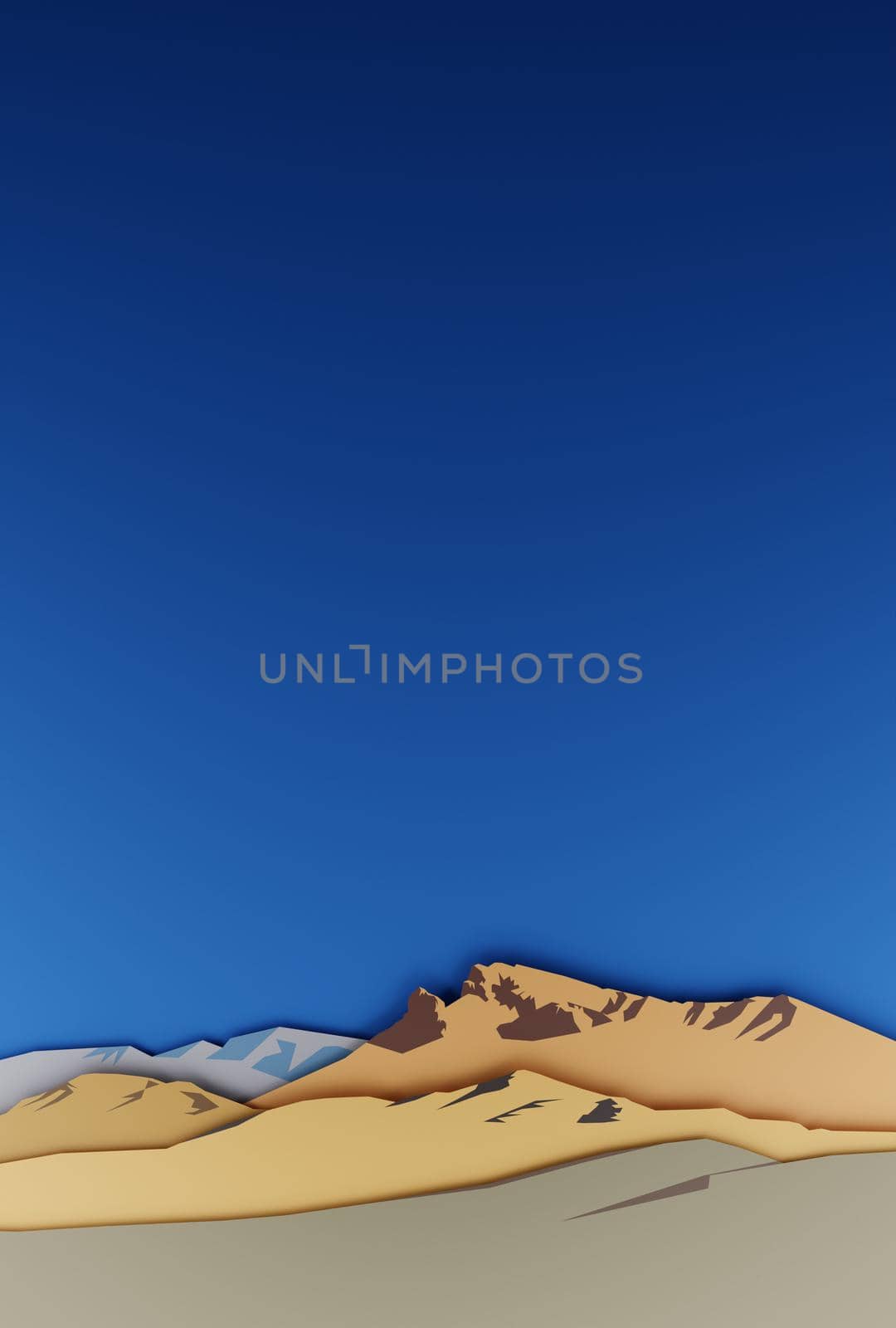 Desert mountains with blue sky. Papercut design, digital render.