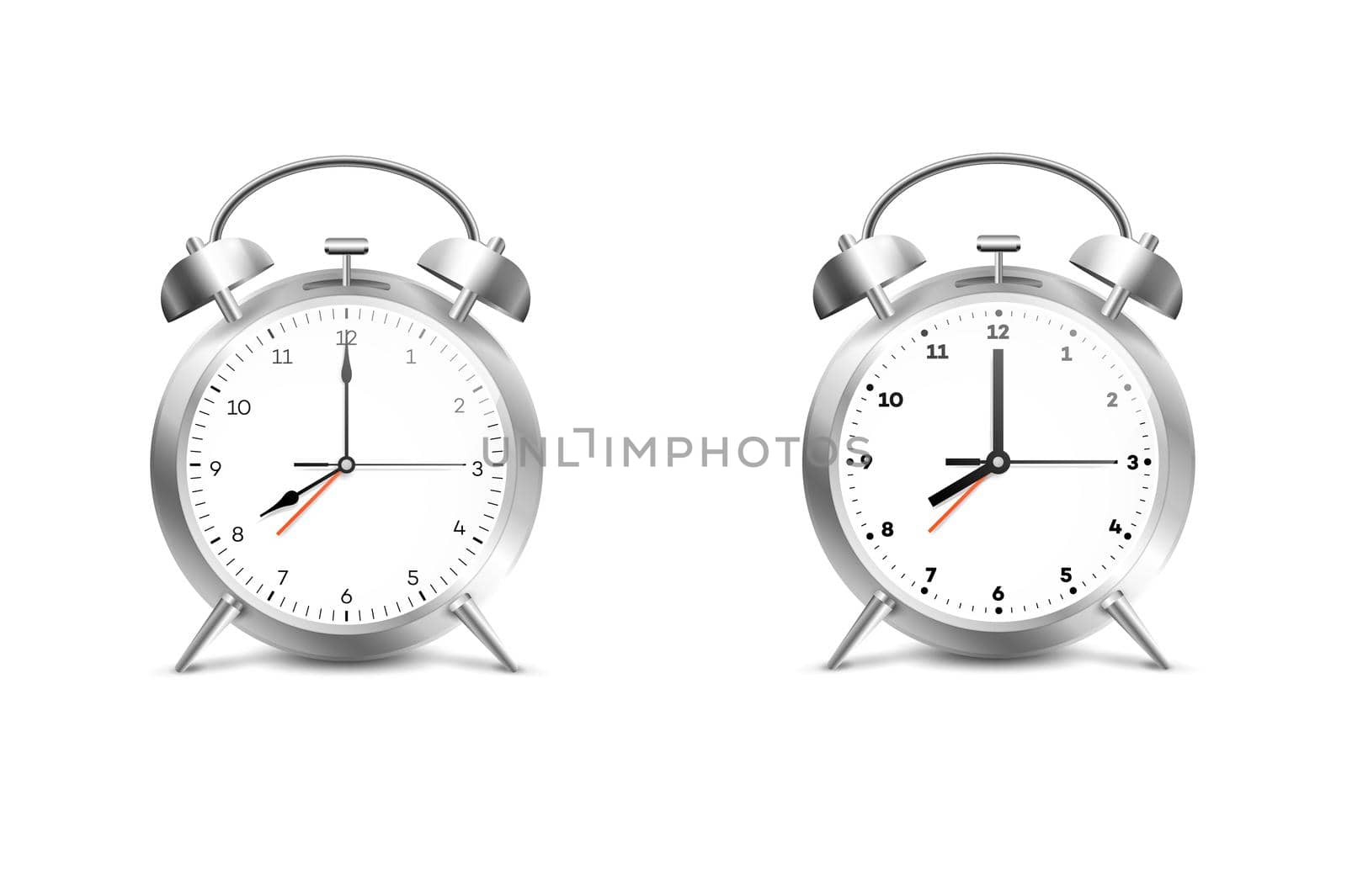 Realistic Alarm Clock. Isolated On White Backgound Vector Illustration.