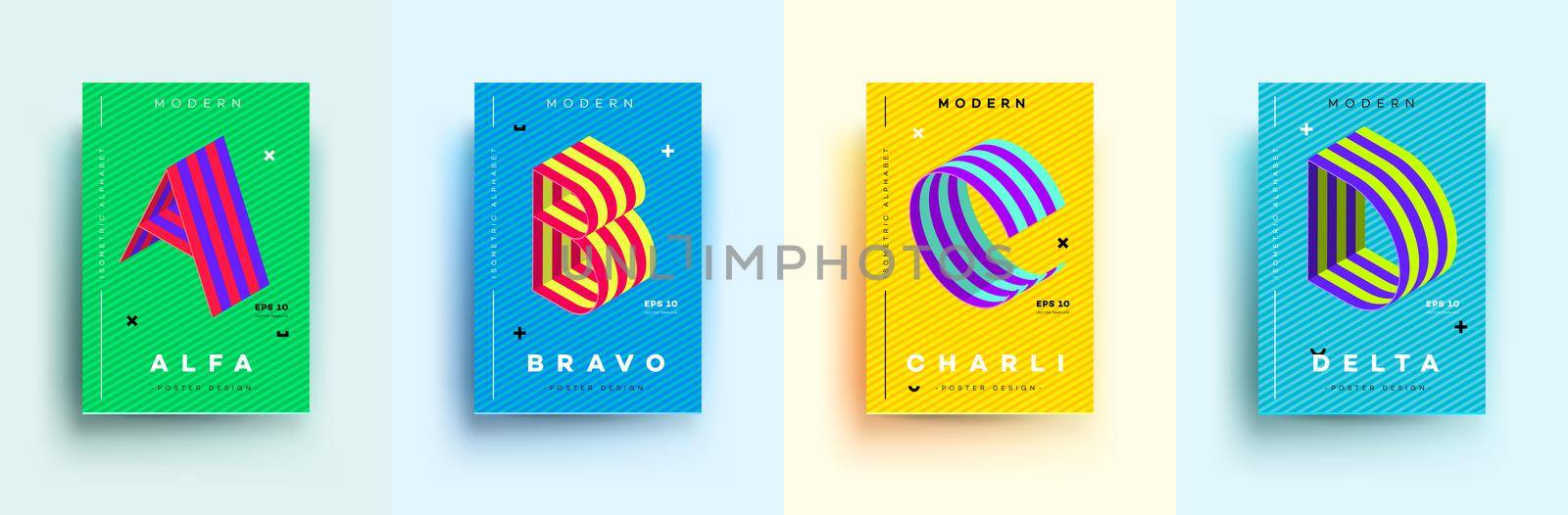 Modern Typographic Colorful Covers. Isometric Letters A, B, C, D With Abstract Memphis Design Background. Vector Trendy Template For Your Posters, Banners, Presentations, Layouts.