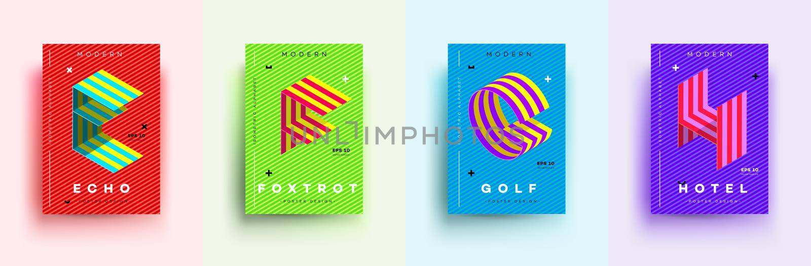 Modern Typographic Colorful Covers. Isometric Letters E, F, G, H With Abstract Memphis Design Background. Vector Trendy Template For Your Posters, Banners, Presentations, Layouts.