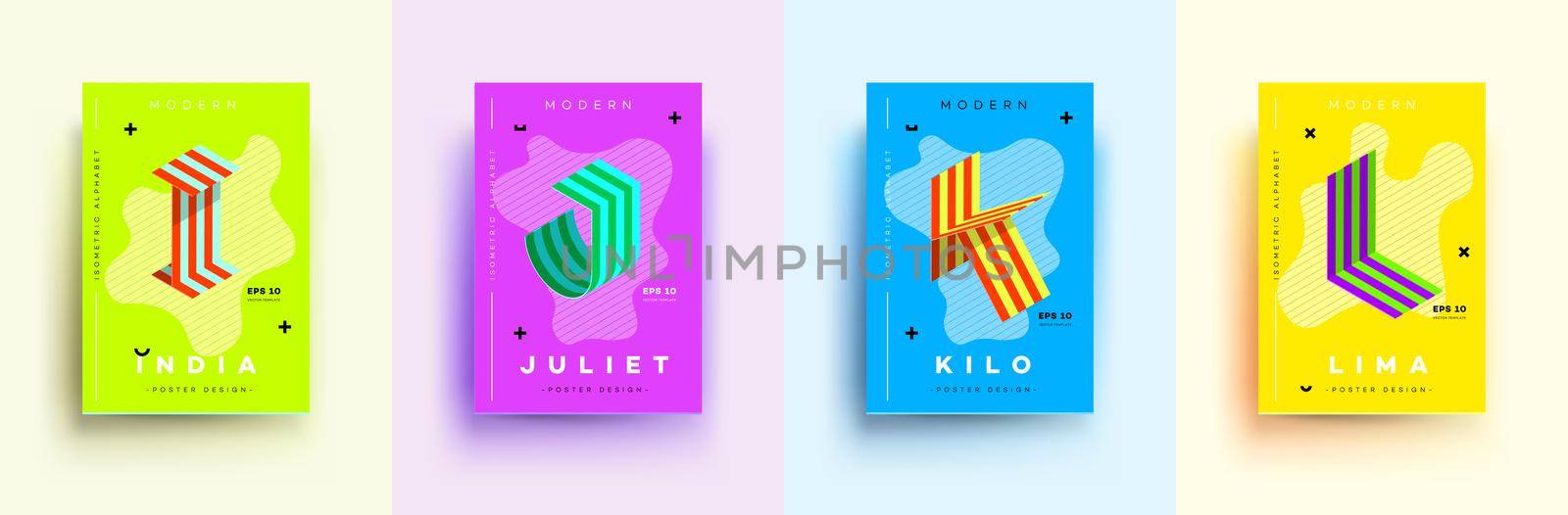 Modern Typographic Colorful Covers. Isometric Letters I, J, K, L With Abstract Memphis Design Background. Vector Trendy Template For Your Posters, Banners, Presentations, Layouts.