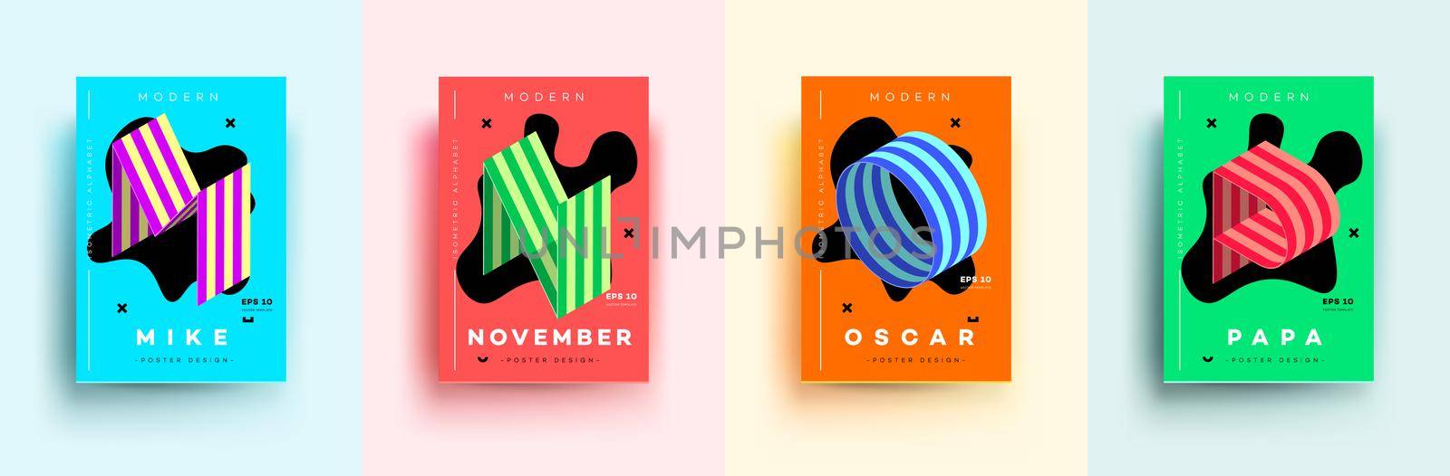 Modern Typographic Colorful Covers. Isometric Letters M, N, O, P With Abstract Memphis Design Background. Vector Trendy Template For Your Posters, Banners, Presentations, Layouts.