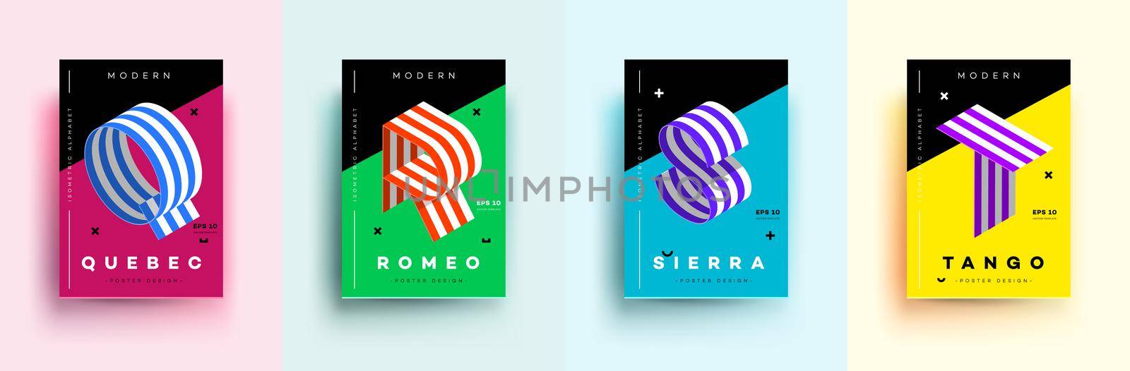 Modern Typographic Colorful Covers. Isometric Letters Q, R, S,T With Abstract Memphis Design Background. Vector Trendy Template For Your Posters, Banners, Presentations, Layouts.