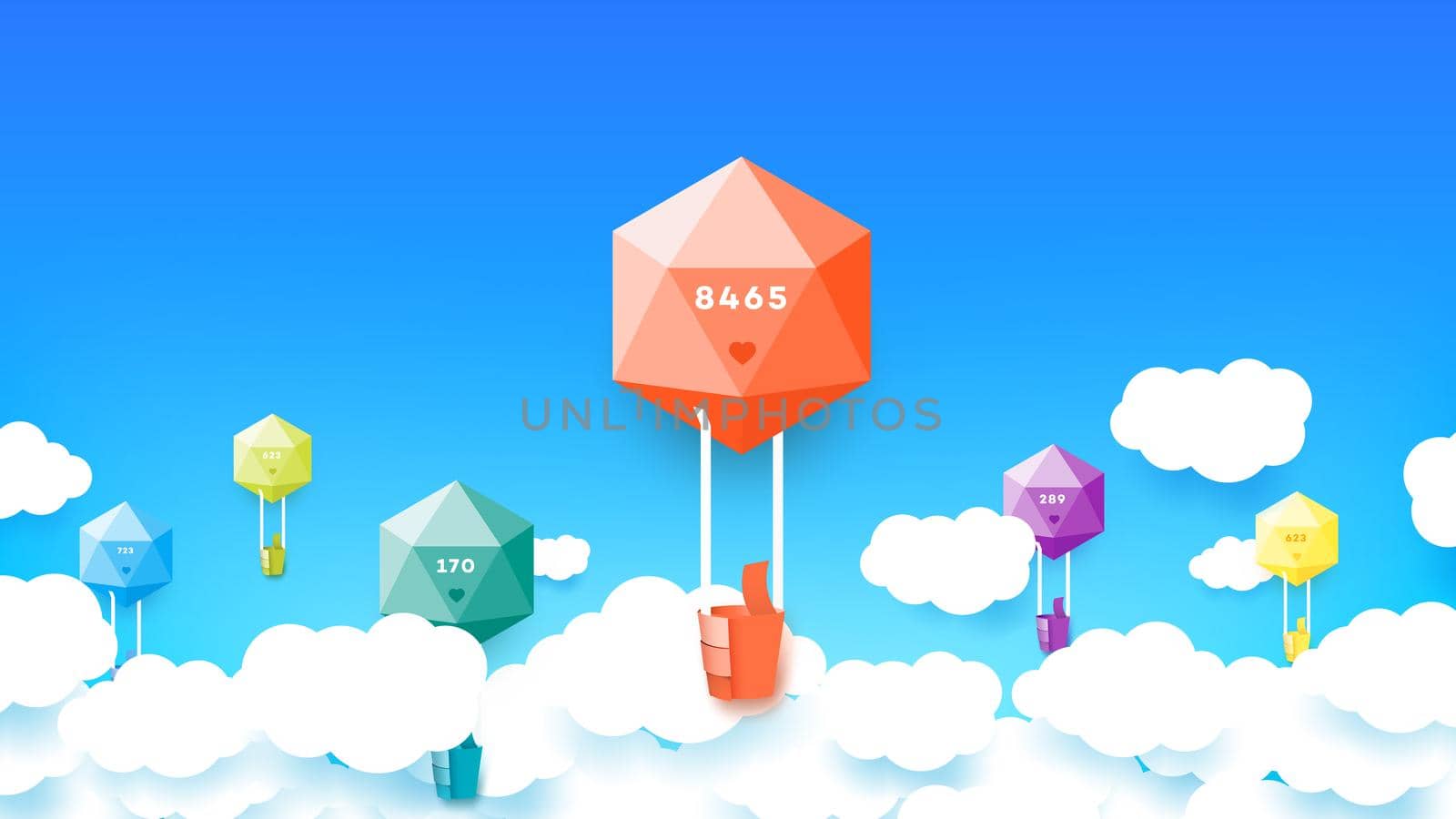 Modern Colorful Abstract Paper Style Polygonal Baloons With Conceptual Wizard As Thumb Up Sign. Template For Social Media Design.