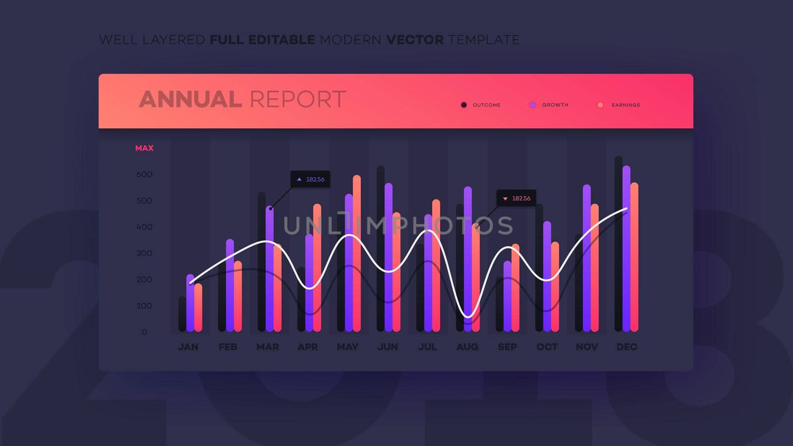 Full Editable Infographic Chart. Modern Vector Infochart With Analityc Annual Report. Template For Your Business Brochure UI Elements Or Presentation Design.