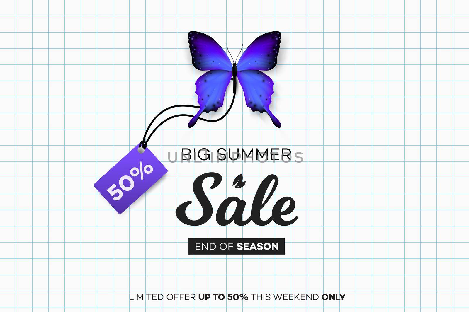Final Summer Sale. Blue Butterfly With Sale Tag Over Notebook Sheet. Modern Conceptual Vector Illustration by Yarkee