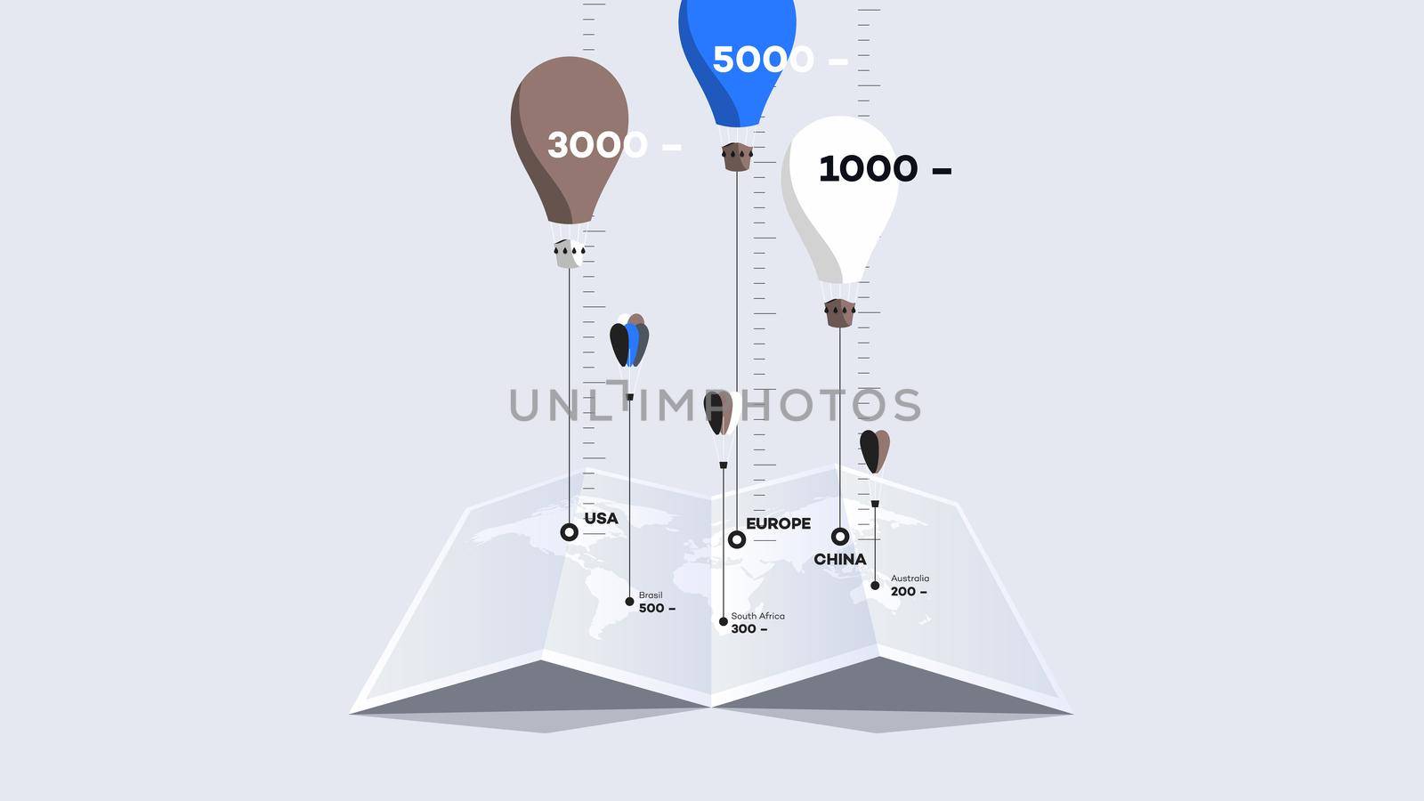 Paper Booklet With Worldmap And Colorful Balloons Over It. Flat Vector Illustration. Compare Concept.