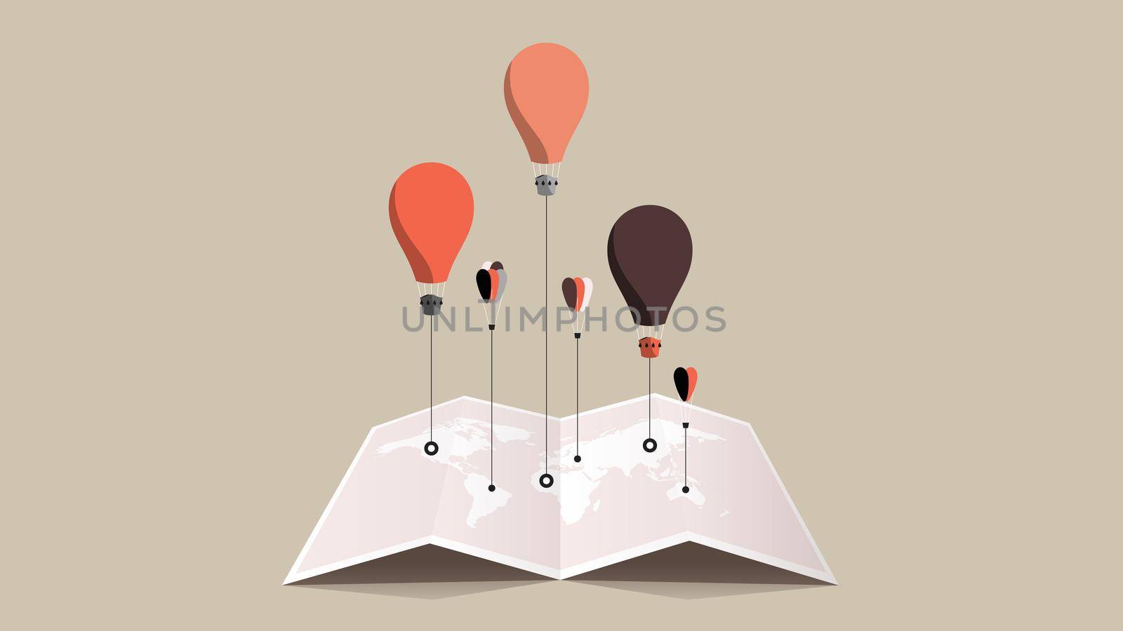 Paper Booklet With Worldmap And Colorful Balloons Over It. Flat Vector Illustration. Compare Concept.