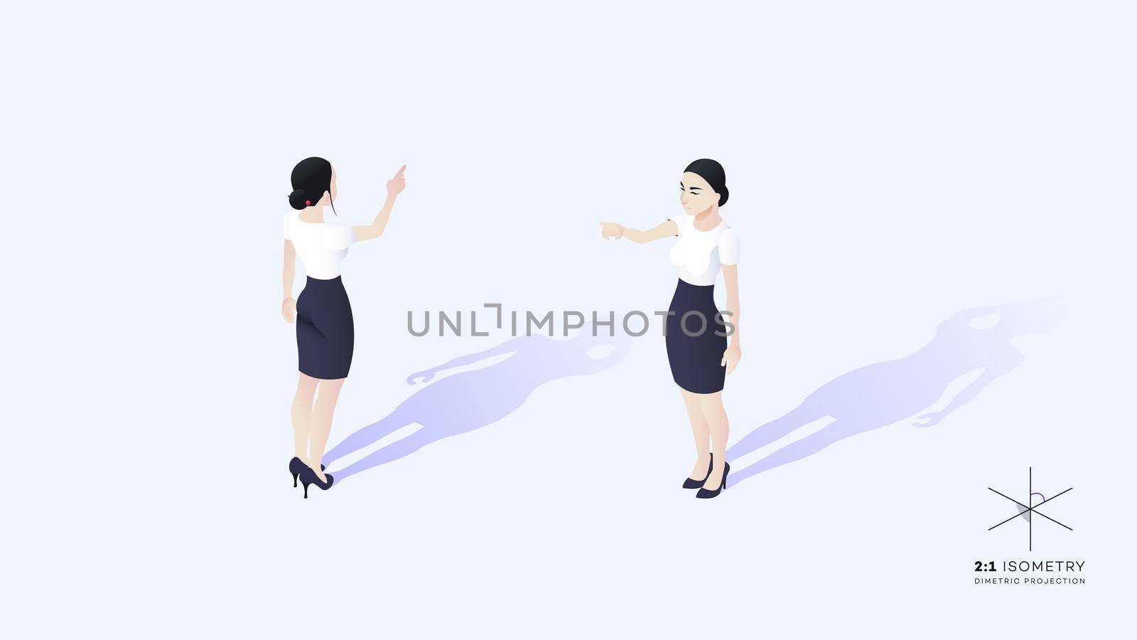 Beautiful young business lady. She is dressed in a strict corporate style. The girl's hand points forward and upward. Conceptual isolated vector isometric illustration.