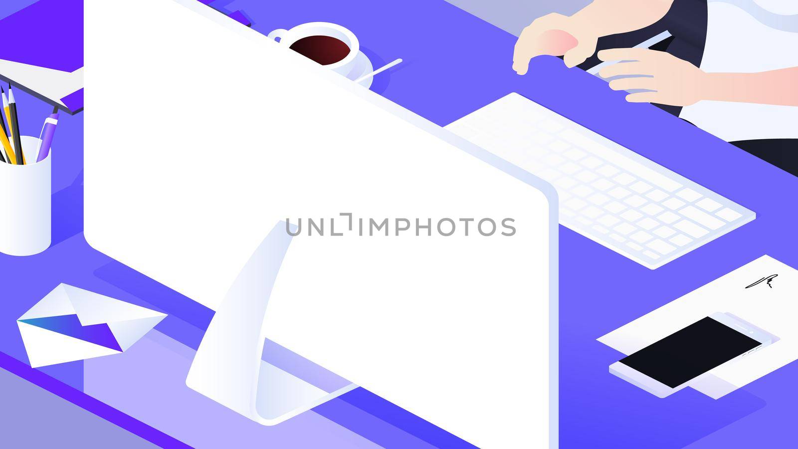 3d Isometric Workplace With Monitor, Keyboard, Cellphone, Letters, Cup Of Coffee And Writing Materials. Modern Vector Illustration.