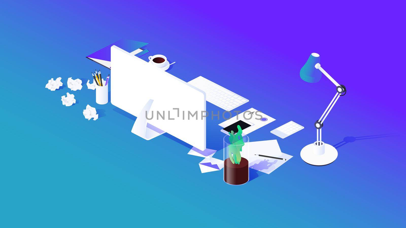 3d Isometric Workplace With Monitor, Keyboard, Cellphone, Letters, Cup Of Coffee, Lamp, Houseplant, Folder And Writing Materials. Modern Vector Illustration