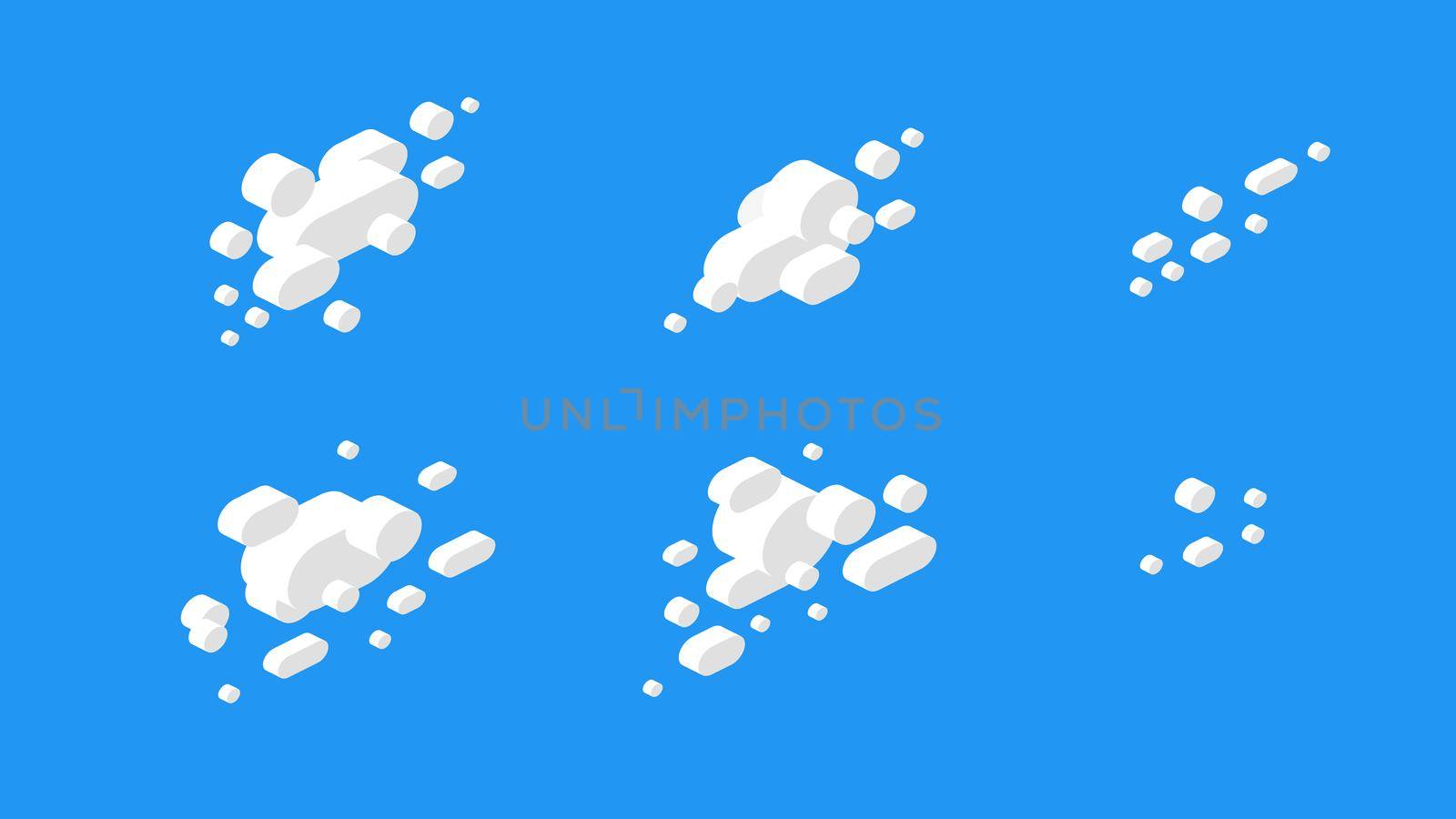 Isometric cloudscape. Abstract vector isometric clouds. 3d futuristic cloud icons for backdrops. Geometric white clouds on blue backround.