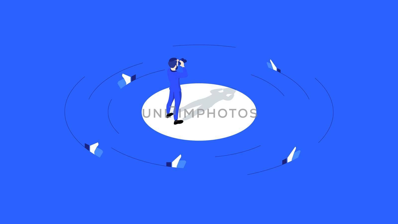 Businessman with binocular looking for likes. Searching social media like sharks. Conceptual vector research metaphor for social media marketing.