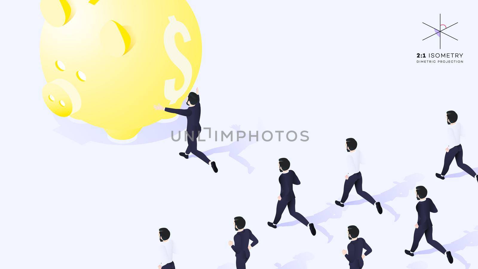 3d Businessman Run Ahead Of The Team. He Runs To Yellow Moneybox. Conceptual Isometric Leadership Vector Illustration.