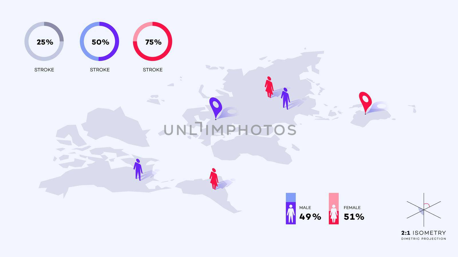 Isometric Abstract Geometric World Map With Pointers People And Blueprint Coordinates Grid. Vector Brochure Template With Editable Strokes.