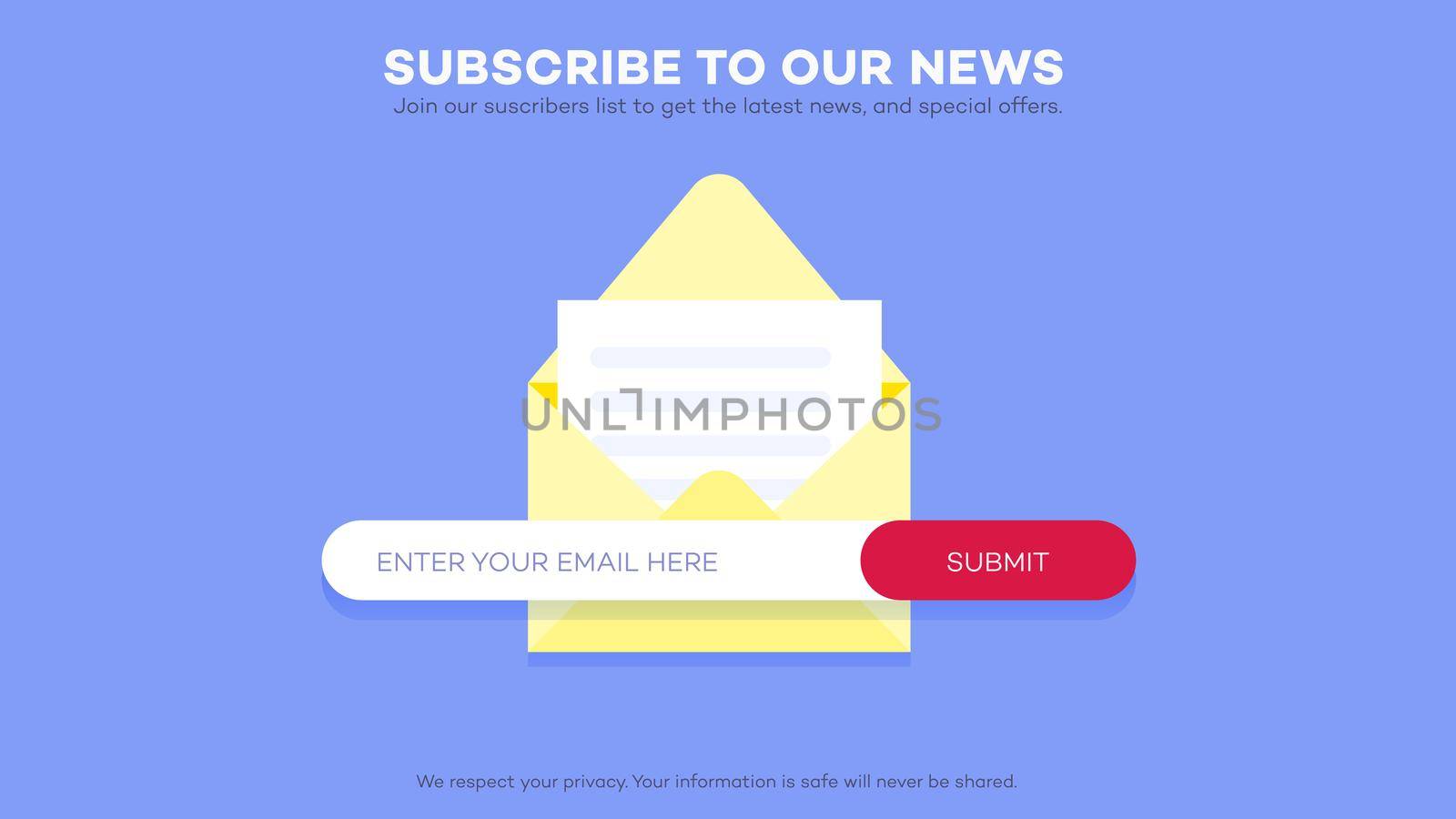 Email subscribe to latest news. Website element with e-mail subscribition form. Web template for subscribition page design. Clean and simple vector illustration.